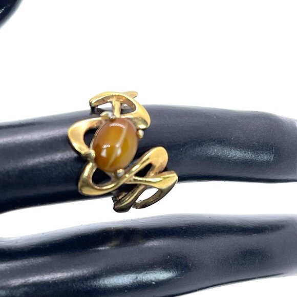 Tiger Eye VTG Art Nouveau 18KT HGE Gold Plate Ring Abstract MCM Retro Size 6.25 - Picture 9 of 11